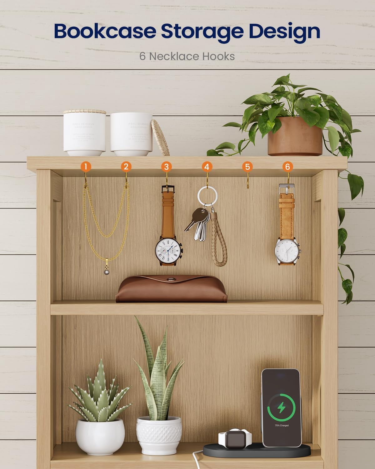 Boho 51.6'' Tall Rattan Nightstand with Charging Station and LED Lights, Bed Side Table with 2 Drawers and Bookshelf & 6 Hooks, Easy to Assembly, Wood