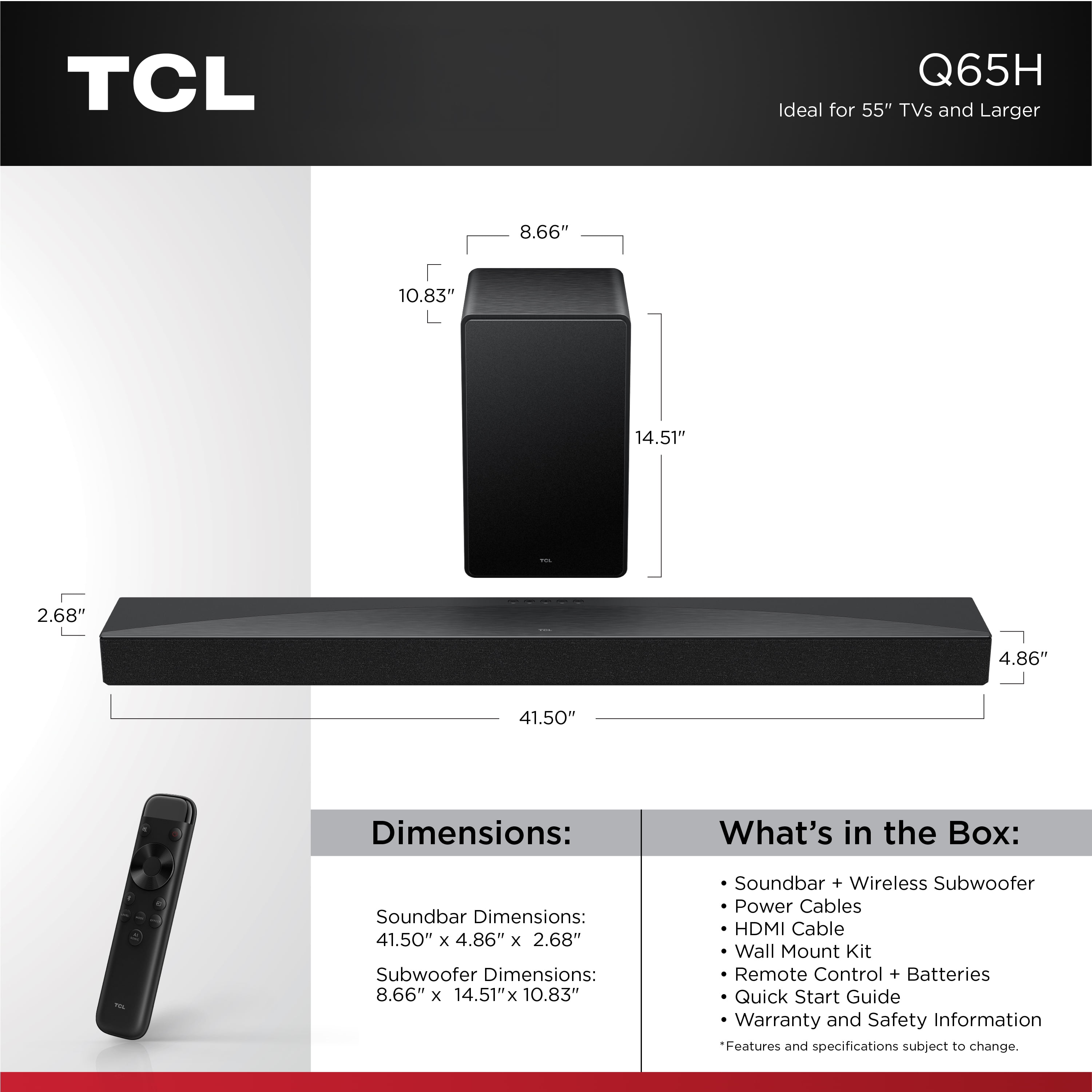 TCL Q65H Q Series 5.1 Channel Soundbar with Dolby Atmos, DTS:X, Ray Danz Technology, Wireless Subwoofer, and Bluetooth Music Streaming - Q65H