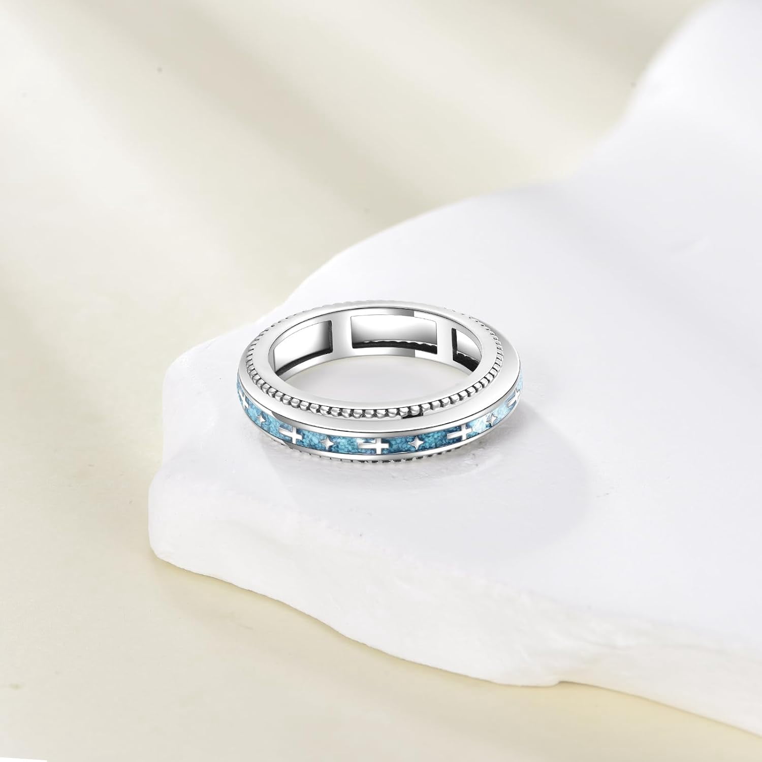 Anxiety Cross Turquoise Rings 925 Sterling Silver Star Fidget Spinner Ring Jewelry for Women Men Lover