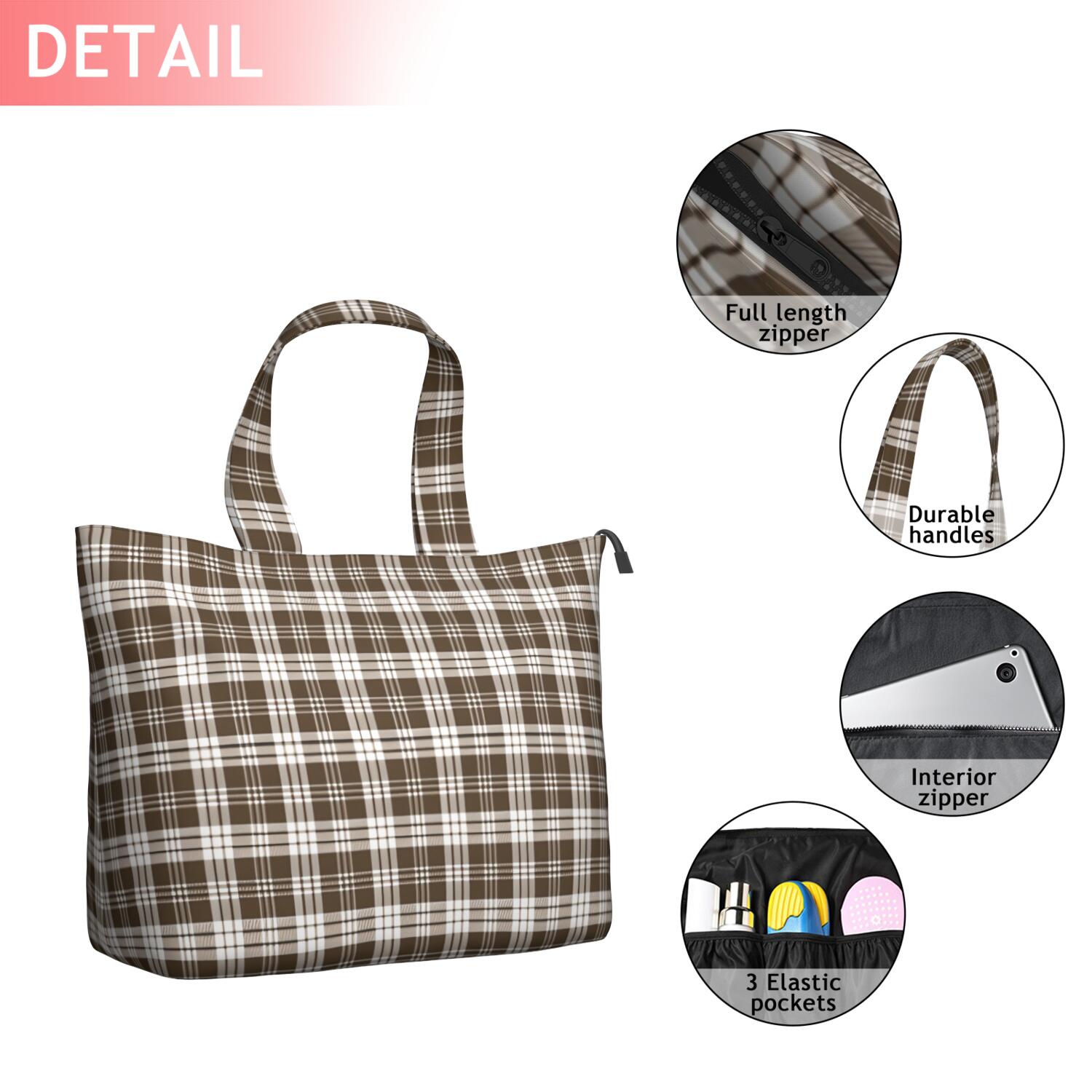 Brown and White Checkerboard Checkered Pattern Travel Tote Bags for Women Carry On,Large Weekender Bags for Women Travel,Multi Functional Duffle Bag for Work,Shopping,Sports