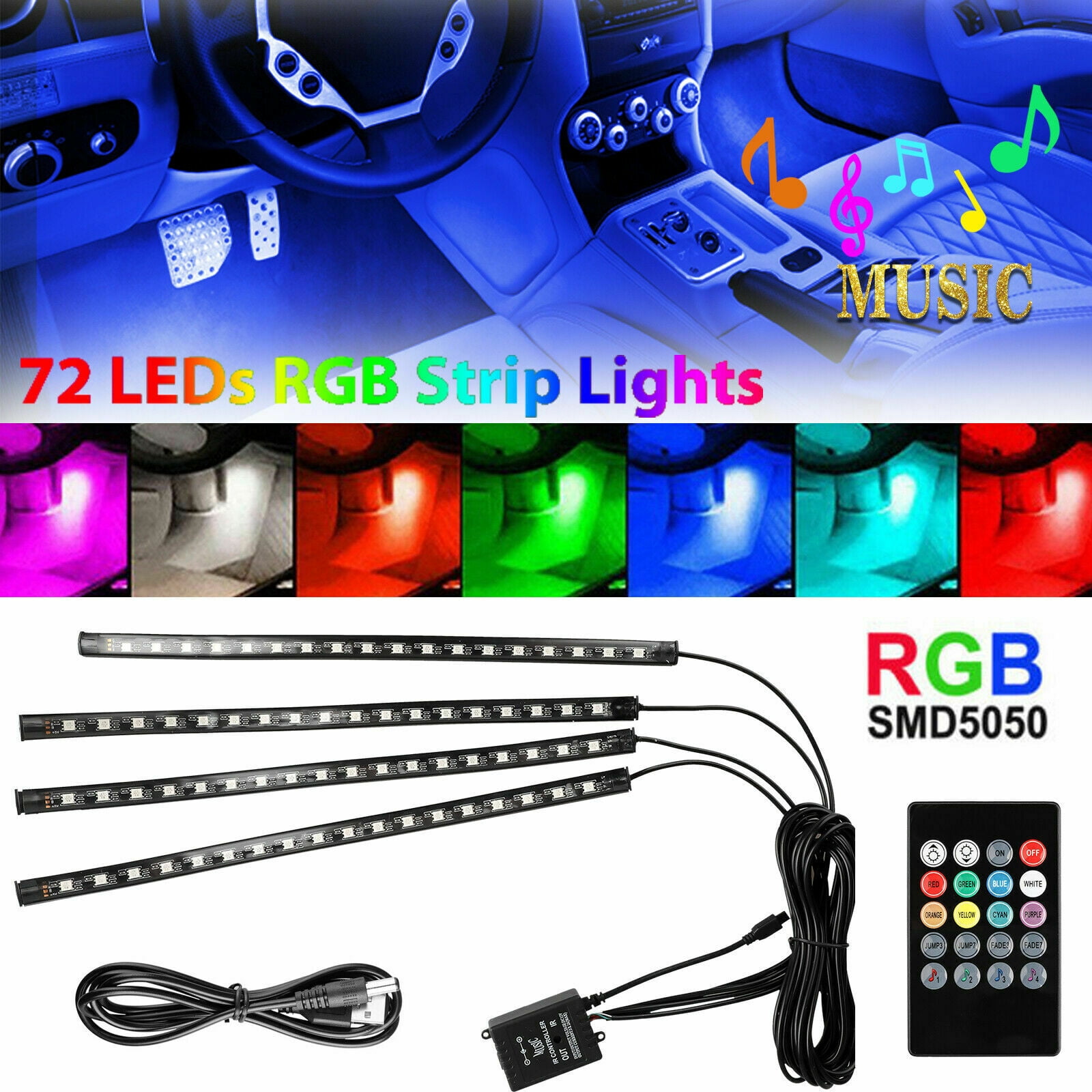 4PCS 48 LED Car Interior USB Atmosphere Lights Strip Wireless IR Remote Control