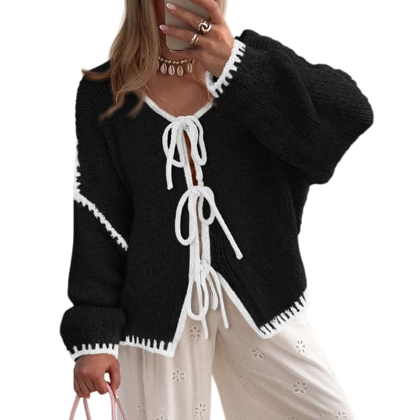 Suéter Cardigan PRETTYGARDEN para Mujer con Lazo Frontal Negro y Blanco