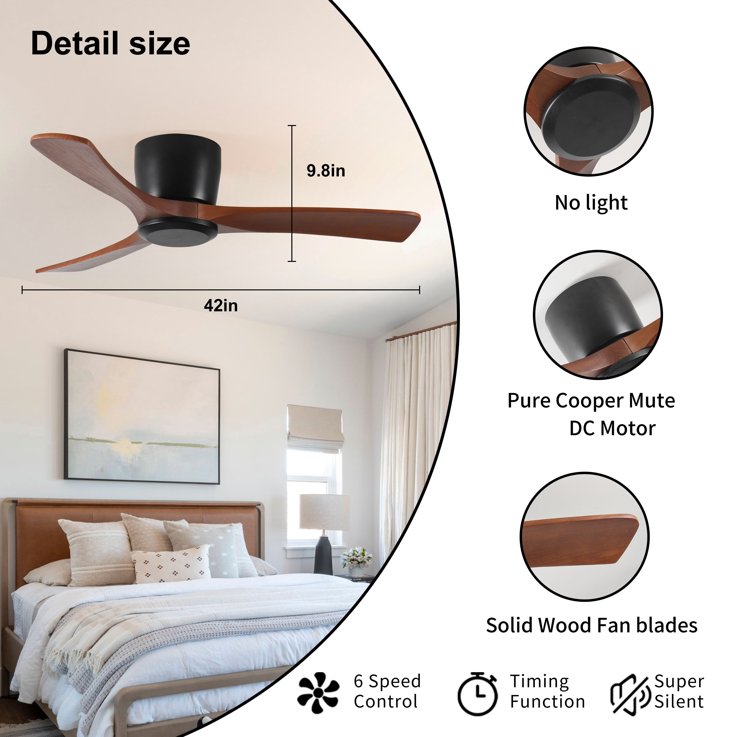 Ceiling Fans 42 Inch Ceiling Fan no light with Remote Control, Low Profile Flush Mount Ceiling Fan without Light,Noiseless Reversible DC Motor with Timer,Table Fans
