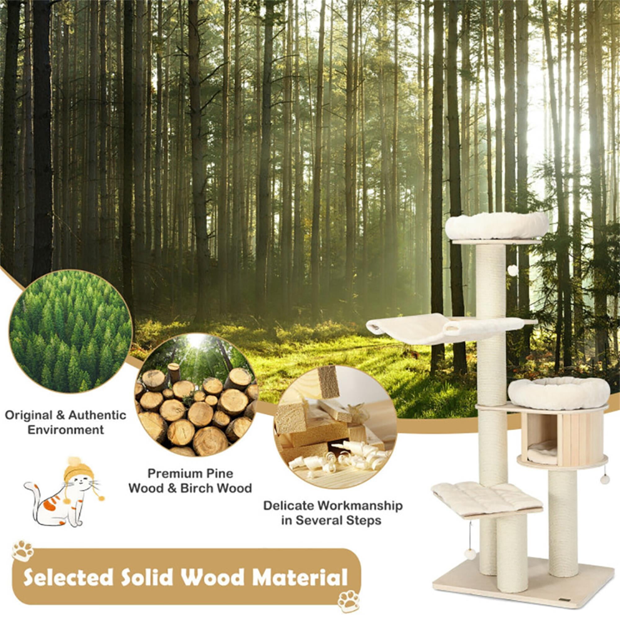 Kadyn 68" Wood Cat Tree Tower for Indoor Cats, Multi-Level Cat Condo with Scratching Posts, Perch, Washable Removable Cushions, Cat Furniture, Beige