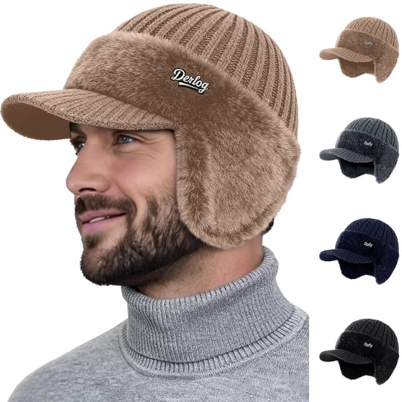 Men's Block Knit Baseball Beanie with Ear Flaps and Wool Brim Lined Warm Stylish Winter Hat