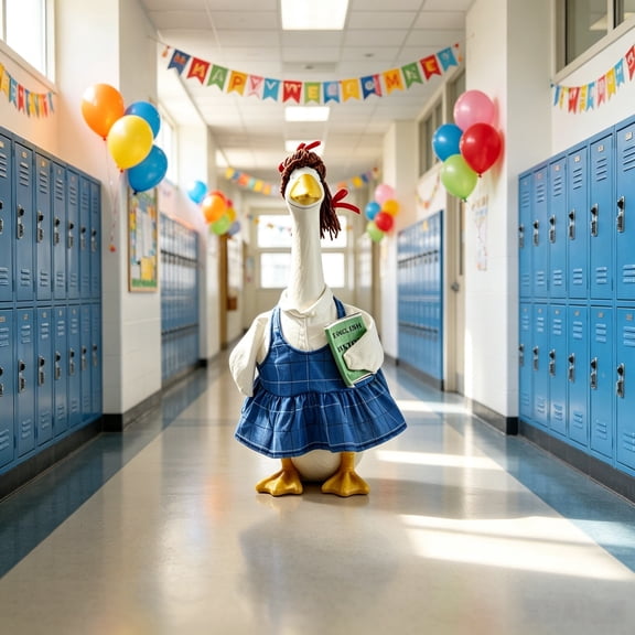 Student Style Porch Goose Outfit Set, Blue Plaid Skirt With Rope Wig for Outdoor Back to School Decor