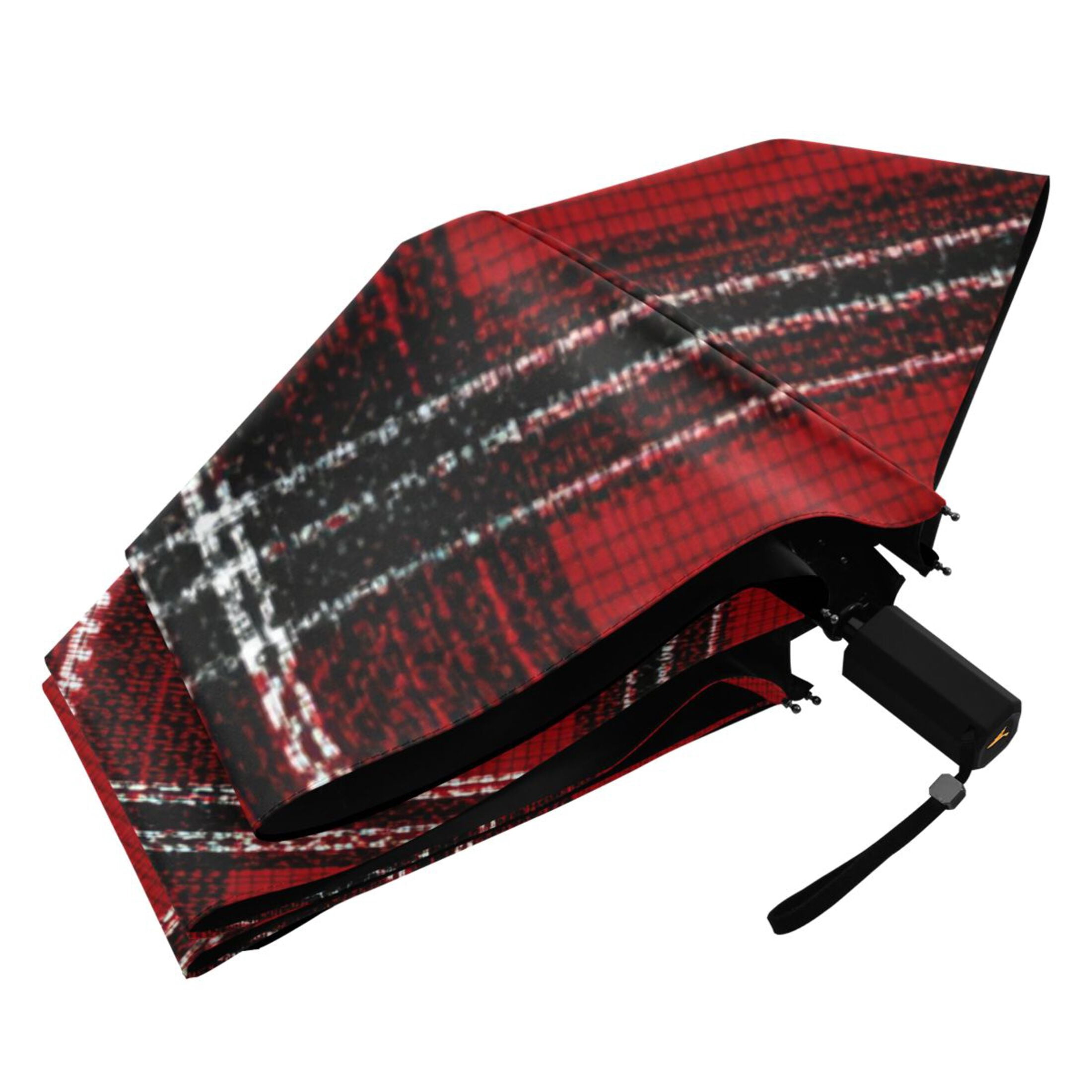 Red Black Tartan Plaids Fabric Texture All Weather Umbrella Triple Folding Parasol 6 Ribs UV Protection Portable