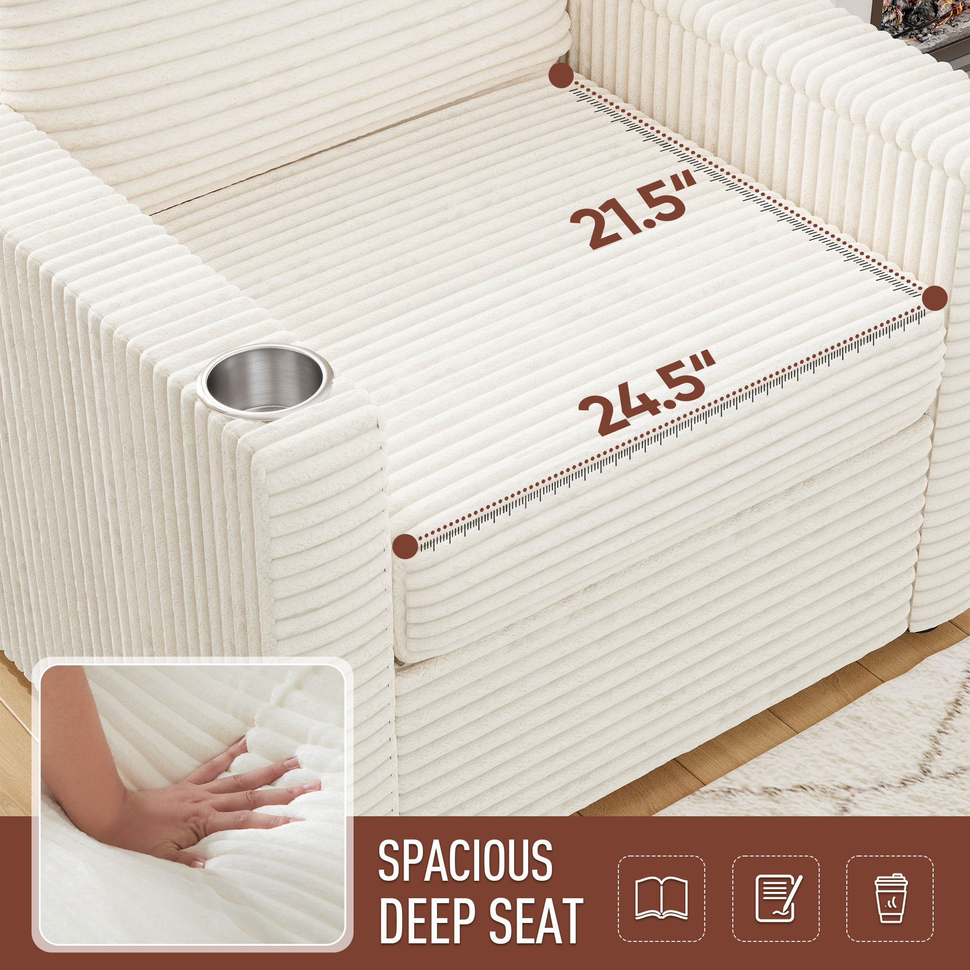 Lunale Accent Chair with Storage Ottoman, Indoor Lounge Chair with USB & Table Board, Cozy Corduroy Sofa Armchair for Living Room, White