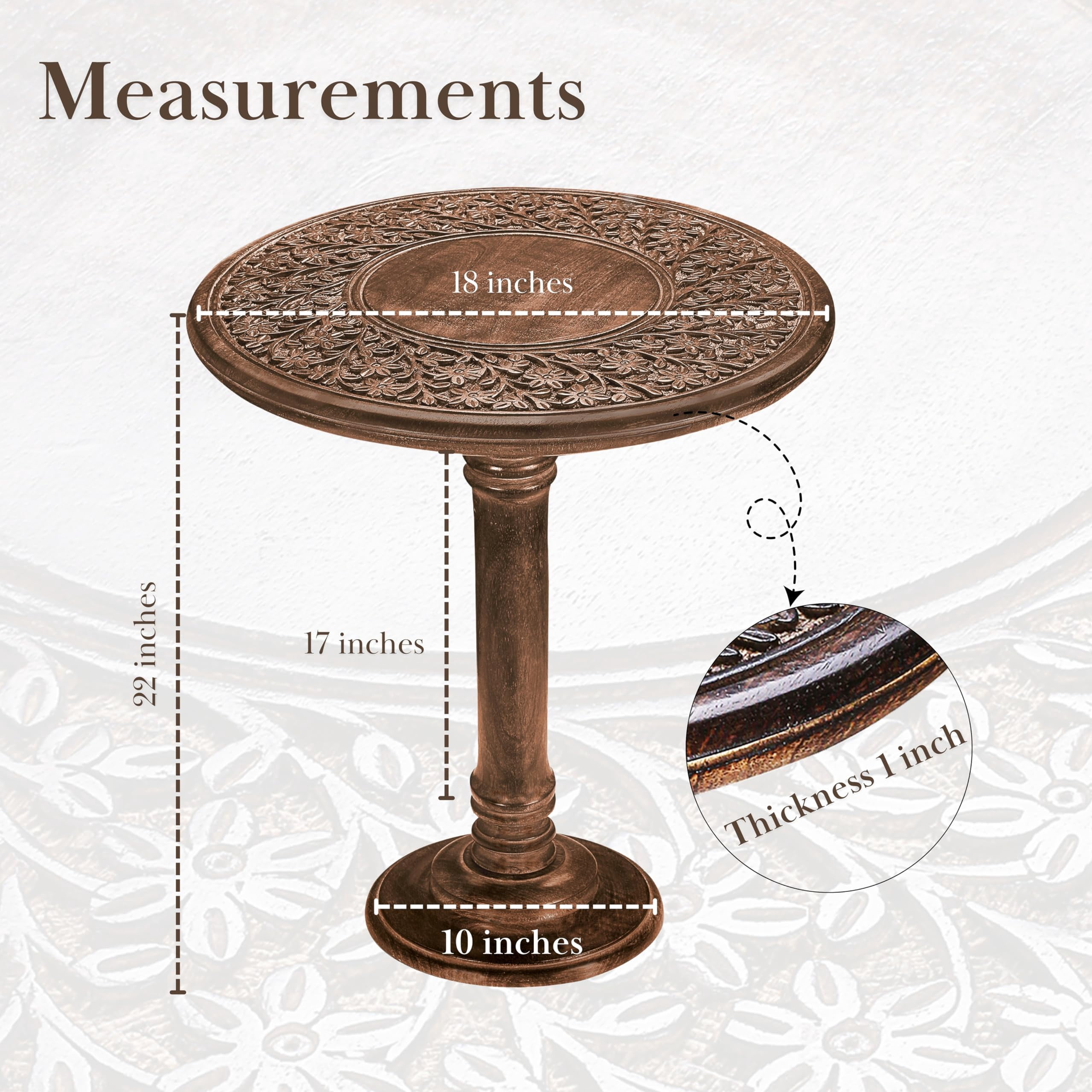 Hand-Carved Wooden End Table with Burnt Finish, 18 x 22 inch Side Table for Living Room & Bedroom Nightstand