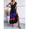 thumbnail image 6 of Women Party Color Block Dress High Waist Short Sleeve Maxi V Neck Dress Casual Ruched Ruffle Hem Dress Color 3 XXL, 6 of 7