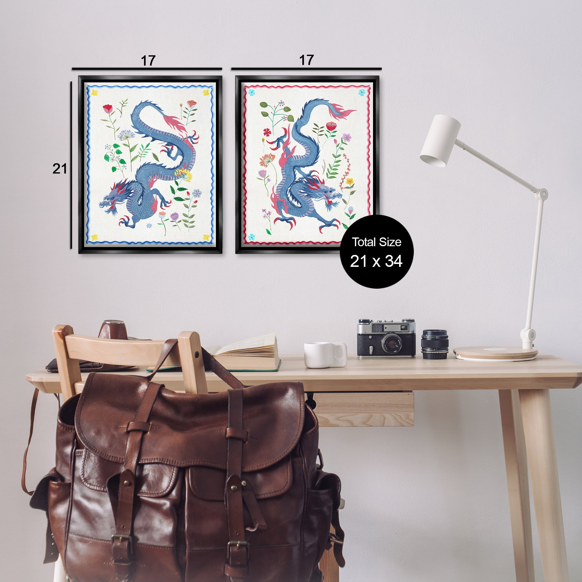 Stupell Industries Dragons with Flower Details Fantasy & Sci-Fi Painting Black Floater Framed Canvas Art Print Wall Art, 17 x 21, Set of 2