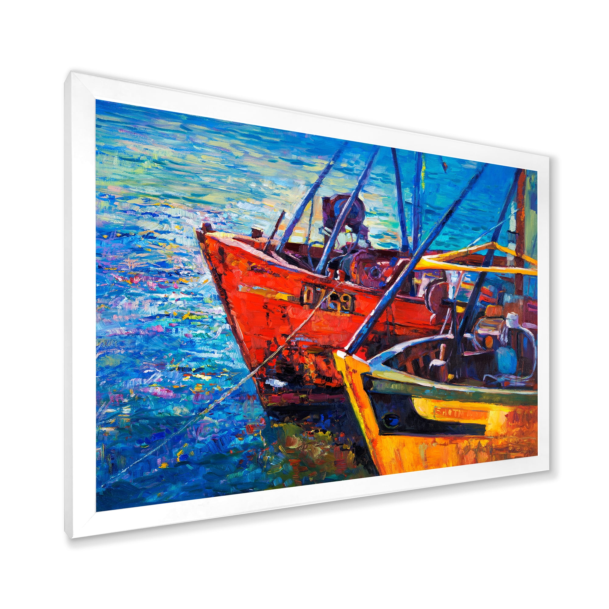 Boats During Warm Sunset Resting On The Water VII 40 in x 30 in Framed Painting Canvas Art Print, by Designart