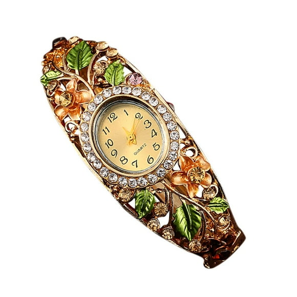 Smilepp Flower Rhinestone Decor Women Watch Bracelet Quartz Round Shaped Alloy Girl Watches Wristwatch