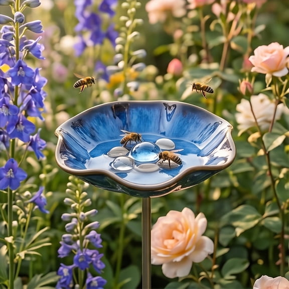 Handcrafted Ceramic Mini Pollinator Water Station, Colorful Floral Bee Feeder Butterfly Bath, Small Garden Stake Yard Outdoor Decor