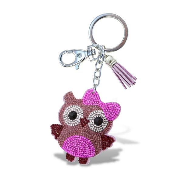 Aqua79 Owl Keychain - Pink Sparkling Rhinestones Charm with Tassel, Fashionable Stylish Polyester PU Wild Life Bird Key Ring Bling Jewelry Accessory with Clasp For Key Chain, Bag, Purse & Backpack