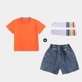 thumbnail image 2 of Babcutegg Denim Shorts and Matching Short Sleeve Top Set with Solid Color Socks – Unisex Casual Kids Fashion Outfit for Everyday Wear Orange Size 4, 2 of 10