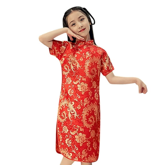 Landzoo One Girls Chinese Dress Qipao Baby Girls New Year Clothing Floral Short Sleeve Cheongsam Kids Birthday Party Outfits Casual Stylish Cozy Girl's Dress 18-24 Months