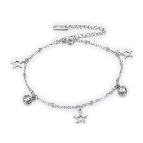 Stainless Steel Charms Bracelet Cubic Zirconia Lobster Star Silver 7.8" Z109
