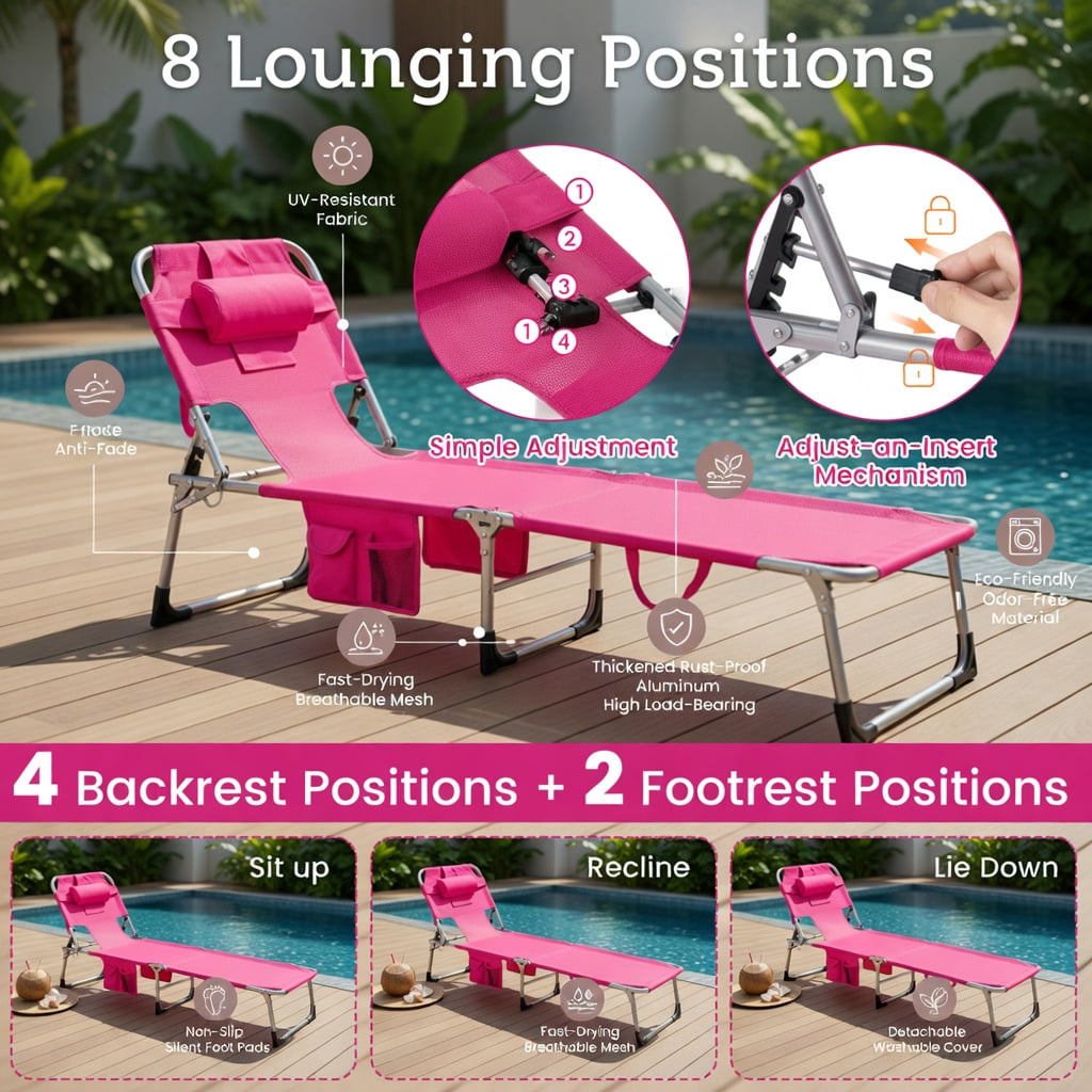 Hommoo Foldable Tanning Chair with Face & Arm Holes, Lightweight Portable Sun Lounger for Beach, Pool, Patio, Pink