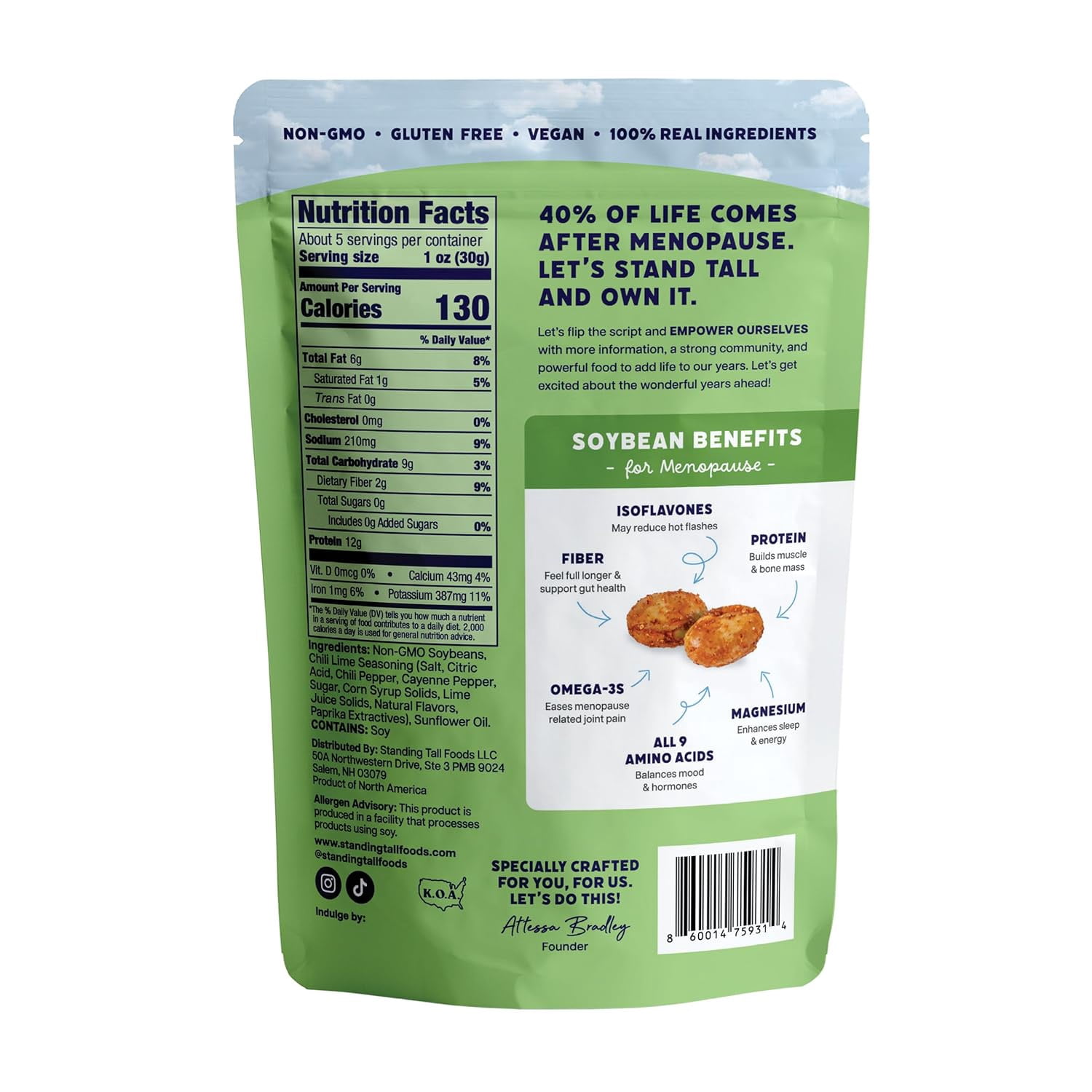 Standing Tall Roasted Soybean – Chili Lime– 12g protein, 2g fiber, 0g sugar, Plant-Based Vegan Snack, Gluten-Free, Non-GMO, 3 Count Pack, 5oz Each (Chile Lime)