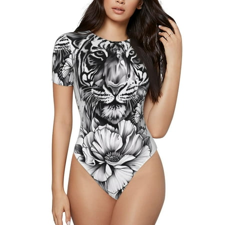 Cauagu Tiger Butterfly Floral Art Women s Crew Neck Round Short Sleeve T Shirts Tops Bodysuit Daily Jumpsuit-Large