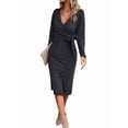 thumbnail image 2 of Women's Long Sleeve Sweater Dress Side Split Bodycon Dresses Fall Midi Long Deep V Neck Fitted Spring Casual, 2 of 8