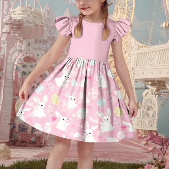 Xdegoge Toddler Girls Easter Dress Ruffle Short Sleeve Crewneck Graphic Bunny Print Knee Length Kids A Line Tween Holiday Outfit Flattering Chic Casual Wear for Teen