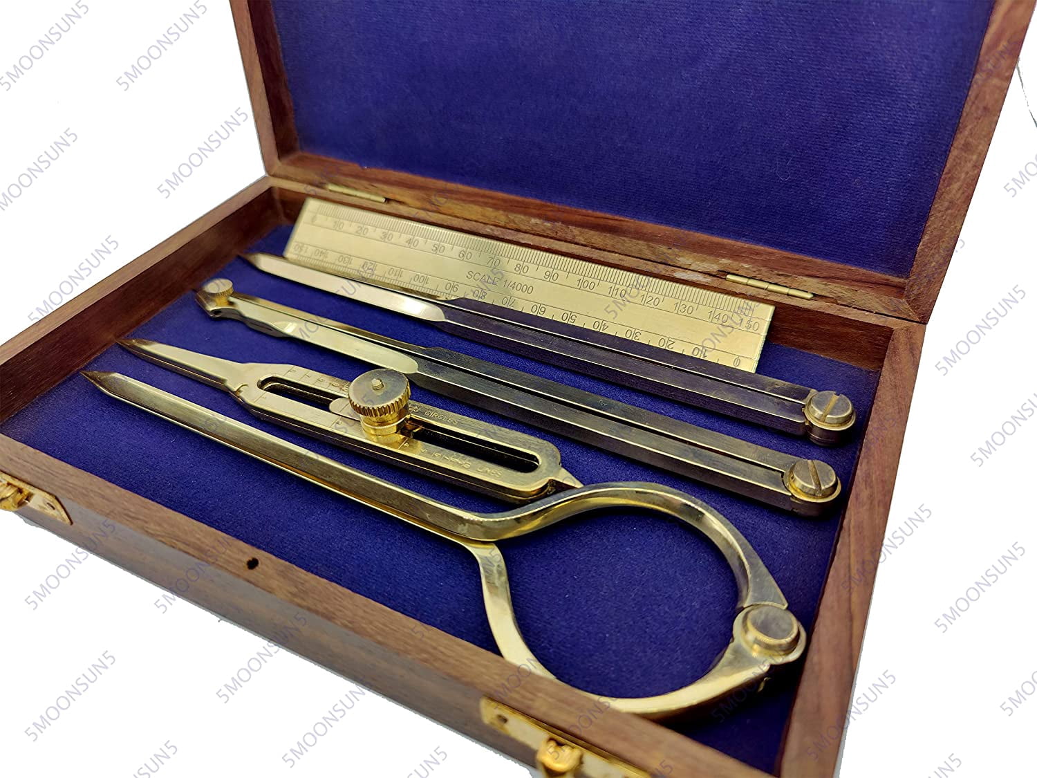 5MOONSUN5's Proportional Divider Set of 5, Full Brass dividers with Executive Wooden Box, Single Handed 8" Brass Navigational Dividers Compass Set for Maritime, Naval, Geometry and Drafting