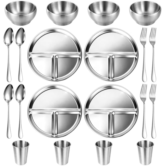 20 Pcs Stainless Steel Dinnerware Set with Plates, Rice Bowls, Cups, Forks, Spoons, 3 Compartment Plates for Family, Home, Travel & Camping, Dishwasher Safe