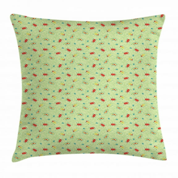 Garden Throw Pillow Cushion Cover, Doodle Image of Caterpillars Ladybugs and Ants on Green Leaves of Garden Flowers, Decorative Square Accent Pillow Case, 20 X 20 Inches, Multicolor, by Ambesonne