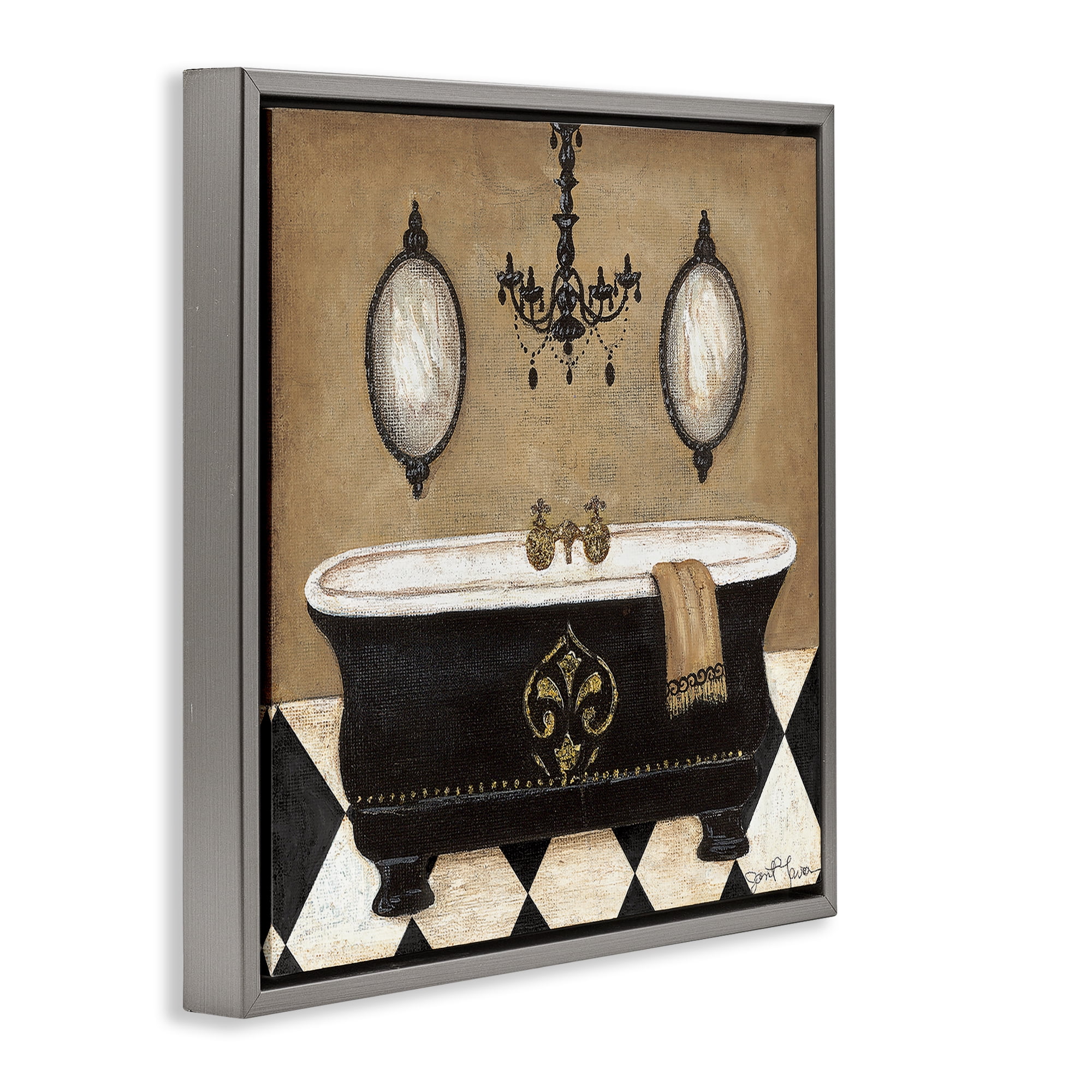 Stupell Industries Elegant Bathtub & Chandelier Gray Framed Floater Canvas Wall Art, design by Janet Tava