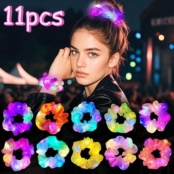 11pcs LED Hair Scrunchies, Light Up Scrunchies, LED Scrunchies Neon Hair Accessories, Glow in the Dark Hair Scrunchies Multi Light Modes for Woman, Christmas Halloween Rave Festival, rubber bands