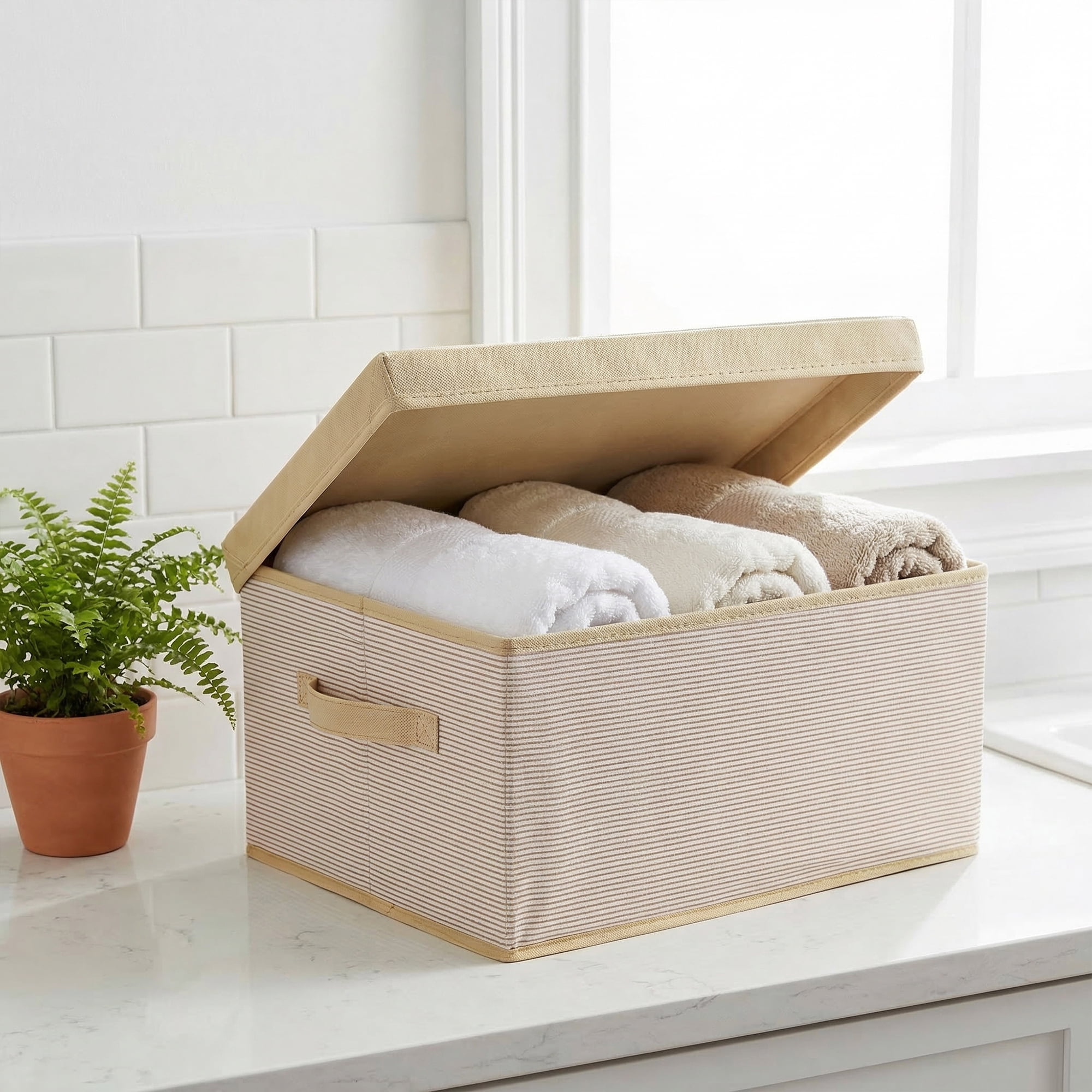 Unique Bargains Fabric Storage Bin with Handles and Lid Coffee 13.8*11*7.1in