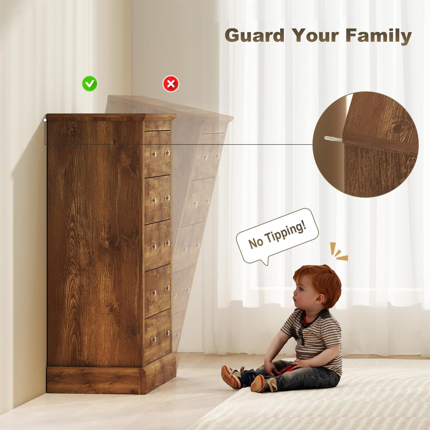 Demi Bonn Wooden 5 Drawer Chest, Farmhouse Style Dresser with Solid Wood Top for Living Room, Storage Bedside Table, Brown