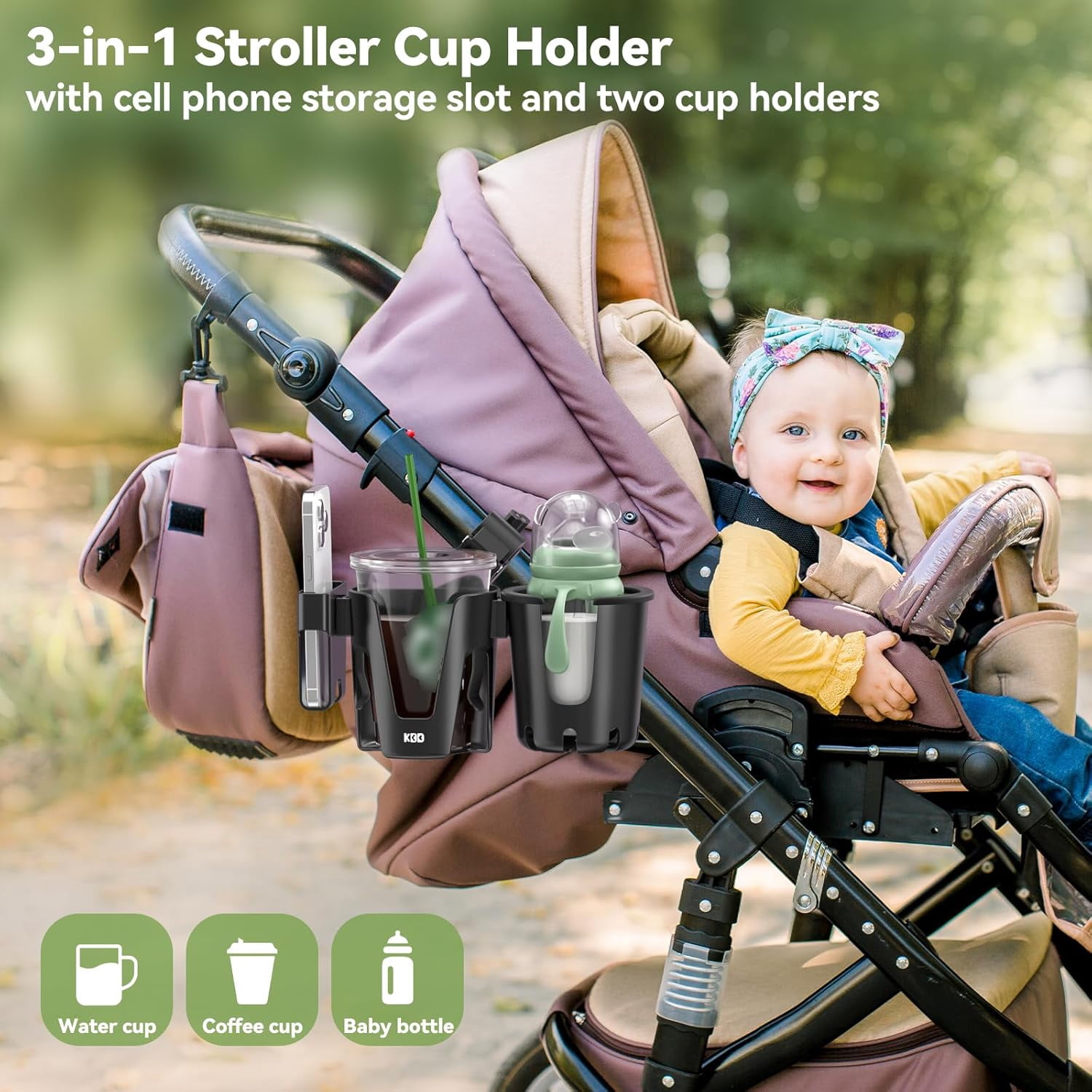 KDD Stroller Cup Holder with Phone Holder, 3-in-1 Removable Bottle 360 Degrees Rotation Drink for Wheelchair, Stroller, Bike, Walker, Scooter, Bicycle, Uppababy, Bugaboo, Britax