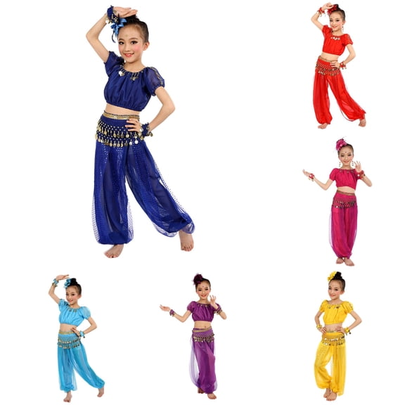 WERYOUNG Children Girls Dancewear Outfits Kids Belly Dance Stage Performance Short Sleeve Sequins Tops And Pants Sets Holiday Vacation Comfortable Clothing Sets 8-9 Years