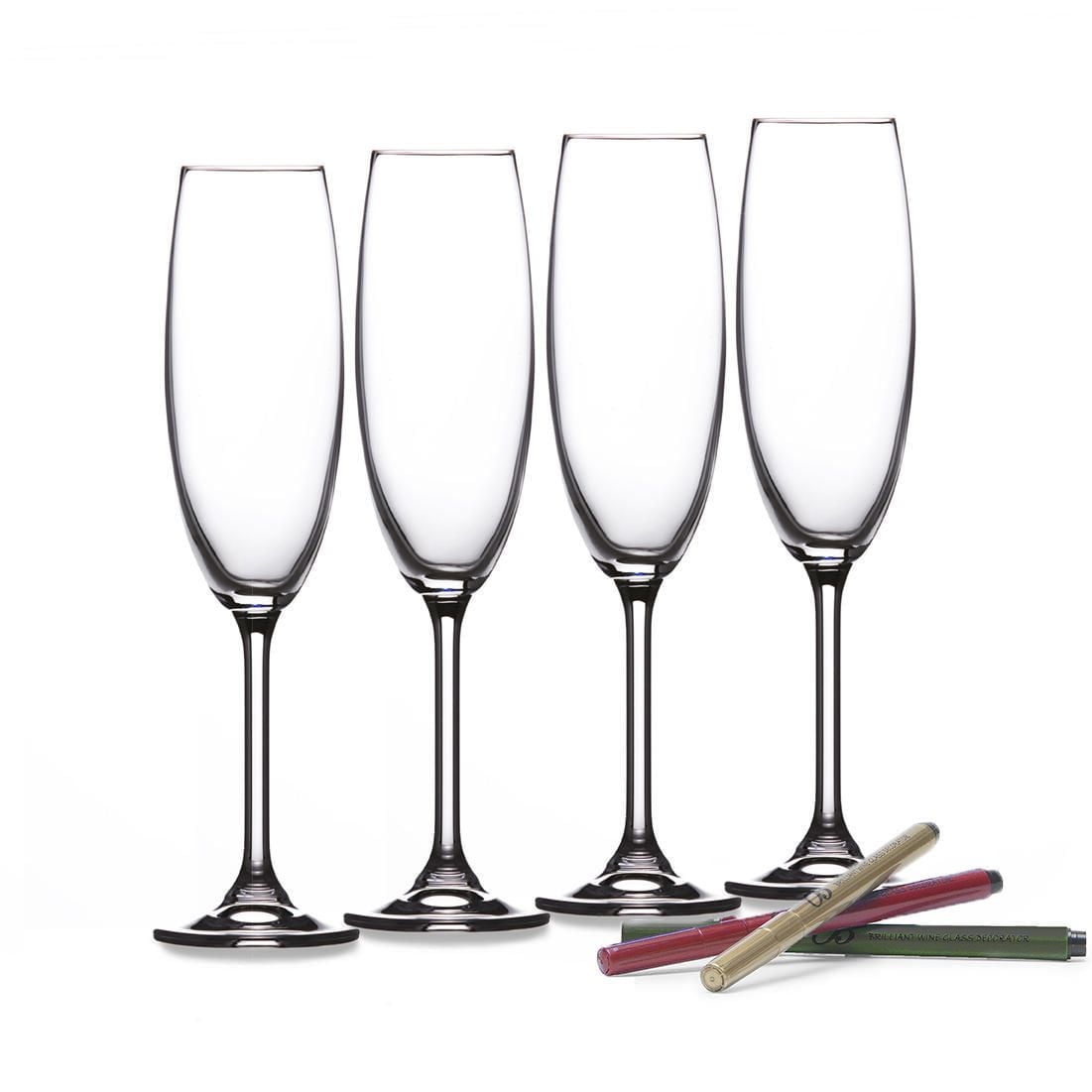 Vinum Flute Glass 220 ml Set of 4 with Bonus Holiday Wine Glass Decorating Markers Set of 3 Assorted Colors