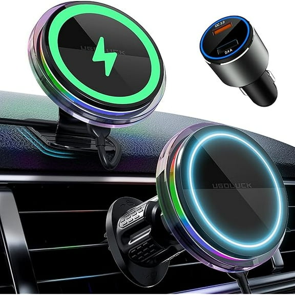 for Magsafe Car Mount Charger, 15W Magnetic Wireless Car Charger with 8 RGB LED Backlit Magnetic Car Phone Holder Mount Charging for iPhone 16 15 14 13 12 Pro Max Plus Mini MagSafe Case