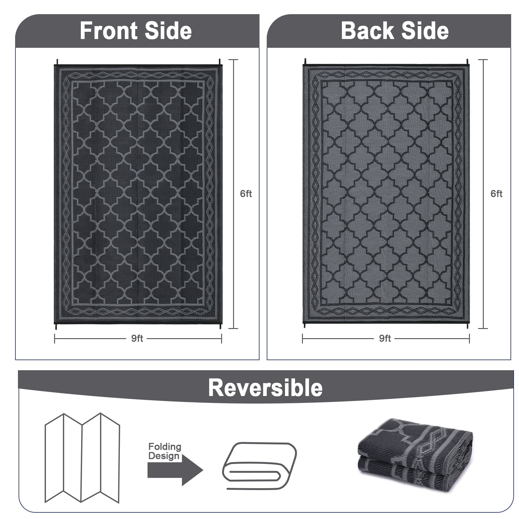 Garvee Outdoor Rug 9x18ft Waterproof for Patios, Reversible Plastic Straw Rug Camping Carpet Mats for RV, Picnic, Backyard, Deck, Balcony, Porch,Beach, Black & Gray