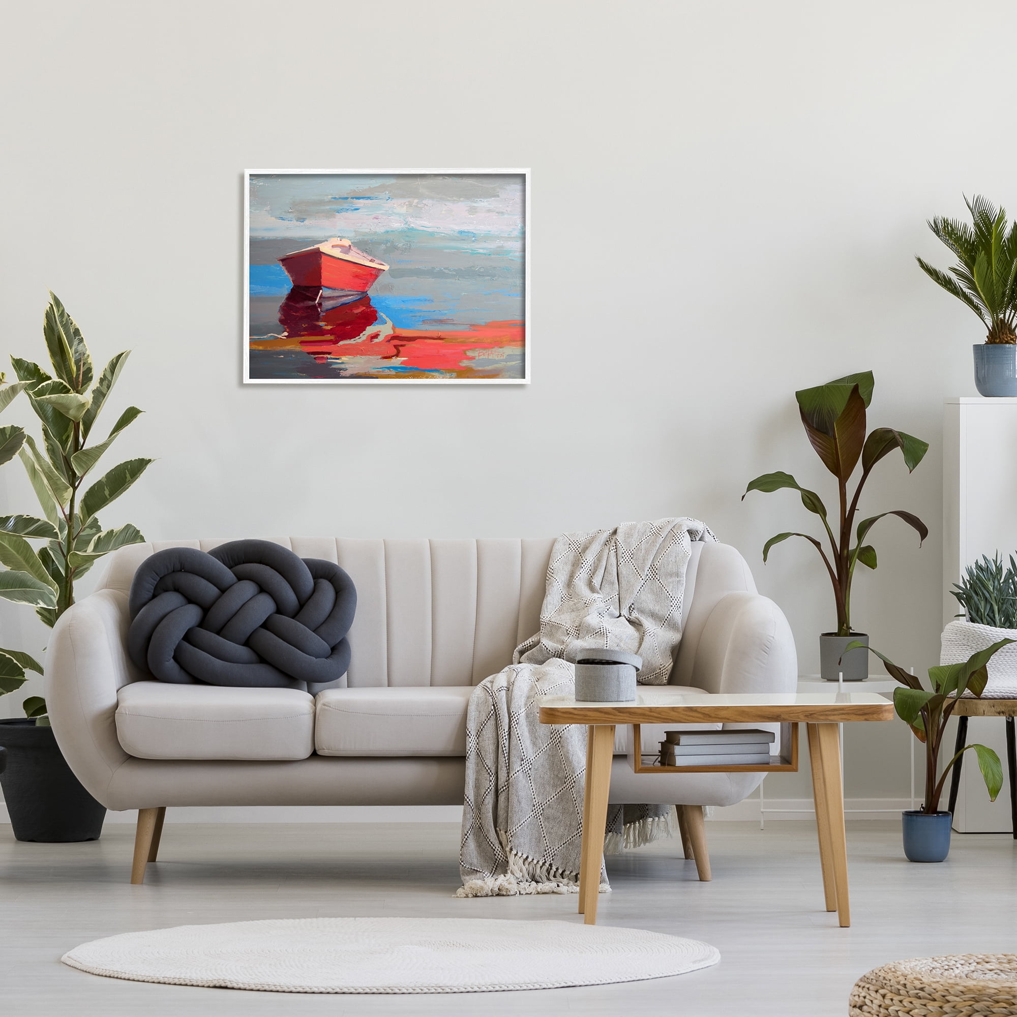 Stupell Industries Red Row Boat Reflection on Lake Water Abstract Abstract Painting White Framed Art Print Wall Art, 24 x 30