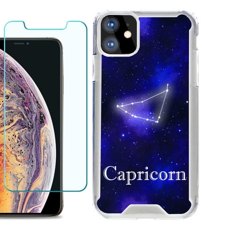 For Apple iPhone 11 Case Hybrid Bumper Phone Case with Tempered Glass Screen Protector by OneToughShield ® - Zodiac / Capricorn