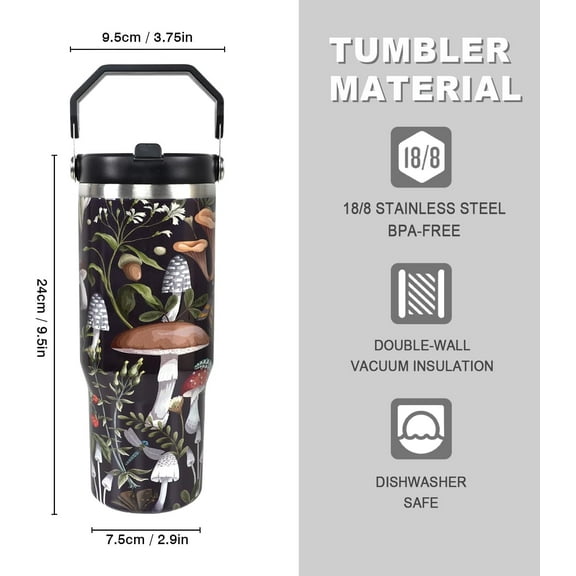 30 oz Black Bottle Spill Proof Mushroom Tumbler with Top Handle and Straw Lid Stainless Steel Double Wall Insulated Tumbler Coffee Mug Gift for Women Men Travel Cup for Car