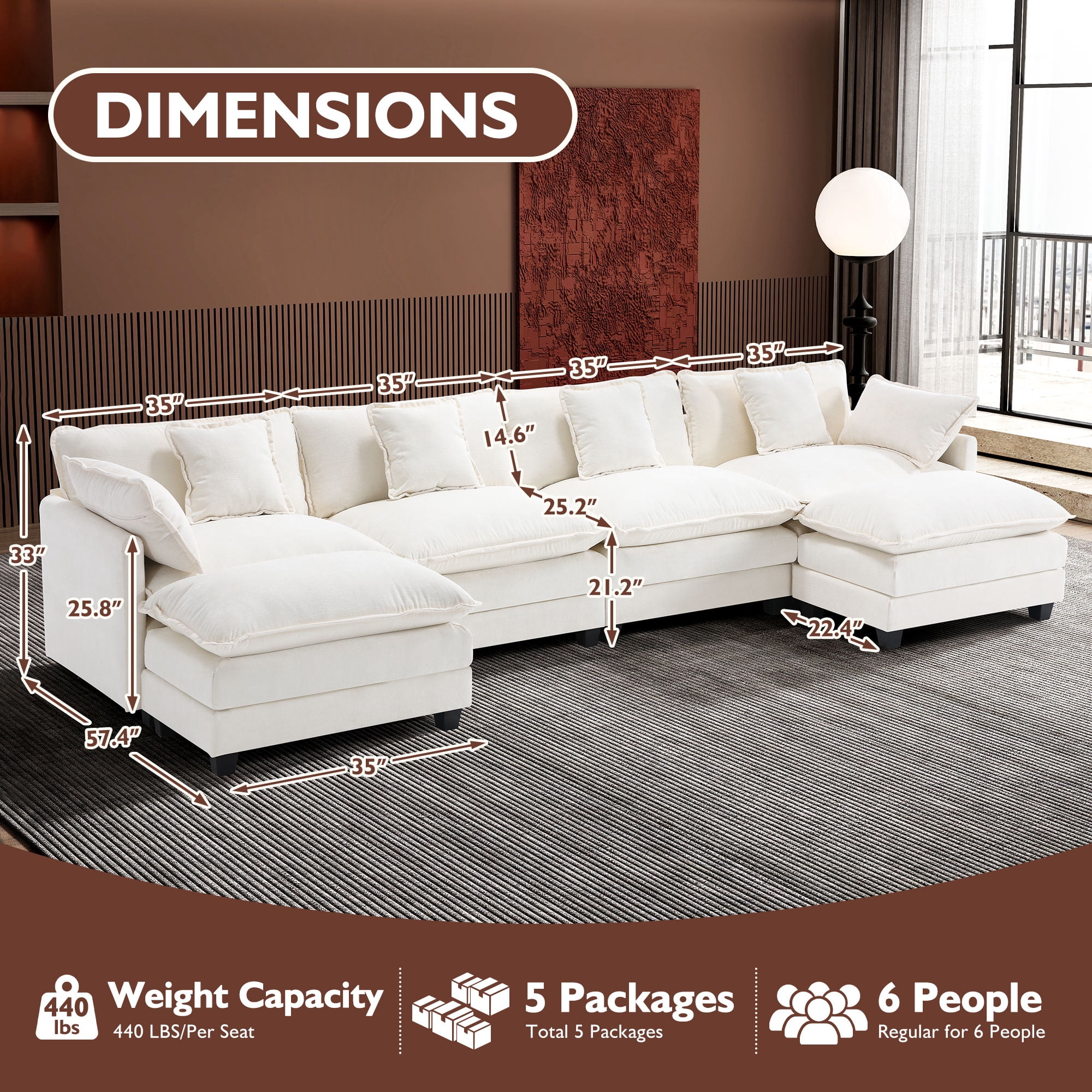 BedLuxury 146.5'' U shape Modular Sectional Sofa with Movable Ottomans, Modern Chenille Deep Seat Couches for Living Room, Apartment, Office, 4-Seat, Beige