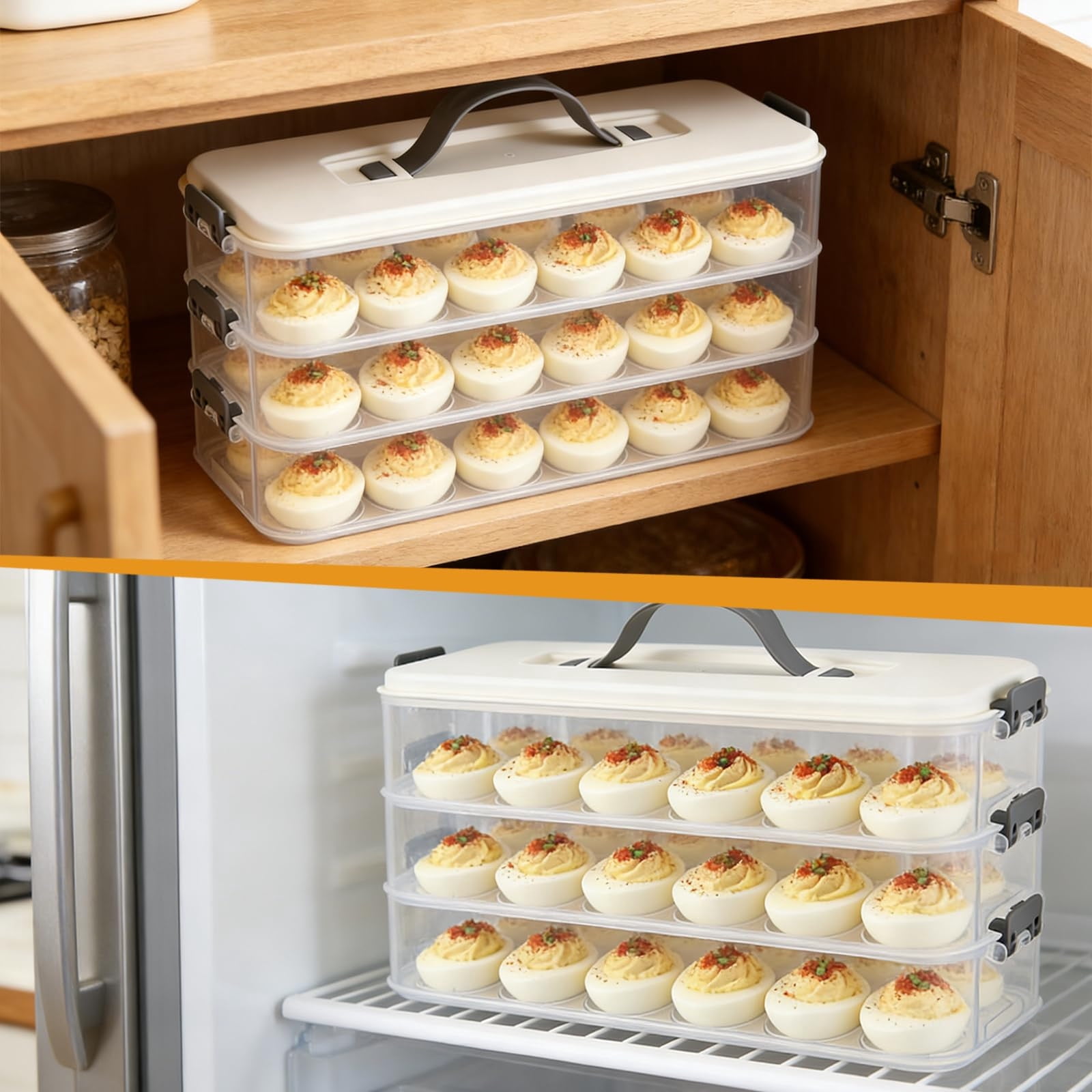 weibbin Stackable Deviled Egg Container 3 Tier Clear Plastic Carrier with Lid for 36 Eggs