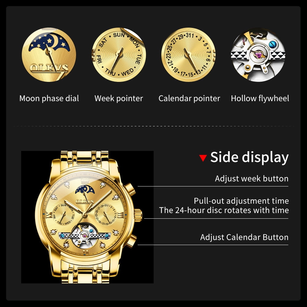 OLEVS Automatic Watches for Men Self Winding Mechanical Skeleton Flywheel Chronograph Luxury Dress Stainless Steel Diamond Moon Phase Waterproof Luminous Mens Wrist Watches Reloj Para Hombre