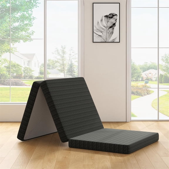 Matelas en Mousse Mémoire de Gel de 4 Pouces, Format Simple, Matelas Pliable en Trois avec Housse Lavable, pour Lit d'Appoint, Camping, Voyage, Dortoir, Noir