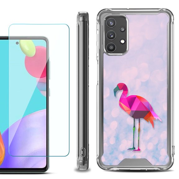 Shockproof Bumper Phone Case for Samsung Galaxy A52 5G, with Tempered Glass Screen Protector, by OneToughShield ® - Flamingo / Polygon