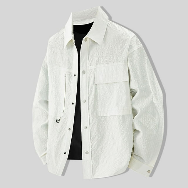 Blusa y camisa de manga larga con cuello vuelto para hombre, moda masculina, fina, color liso, manga larga, cuello, botón, bolsillo, abrigo grande, poliéster, parte superior