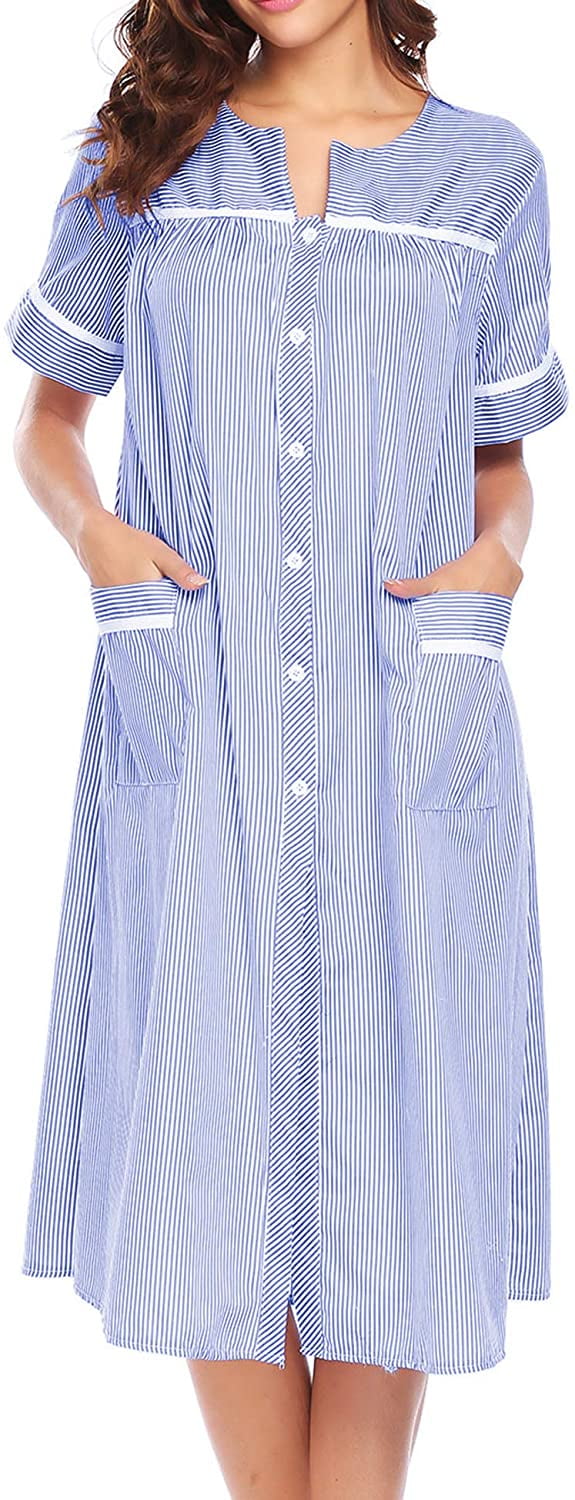 Women's Striped Sleepwear Button Down Duster Short Sleeve House Dress ...