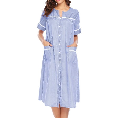 Women's Striped Sleepwear Button Down Duster Short Sleeve House Dress ...